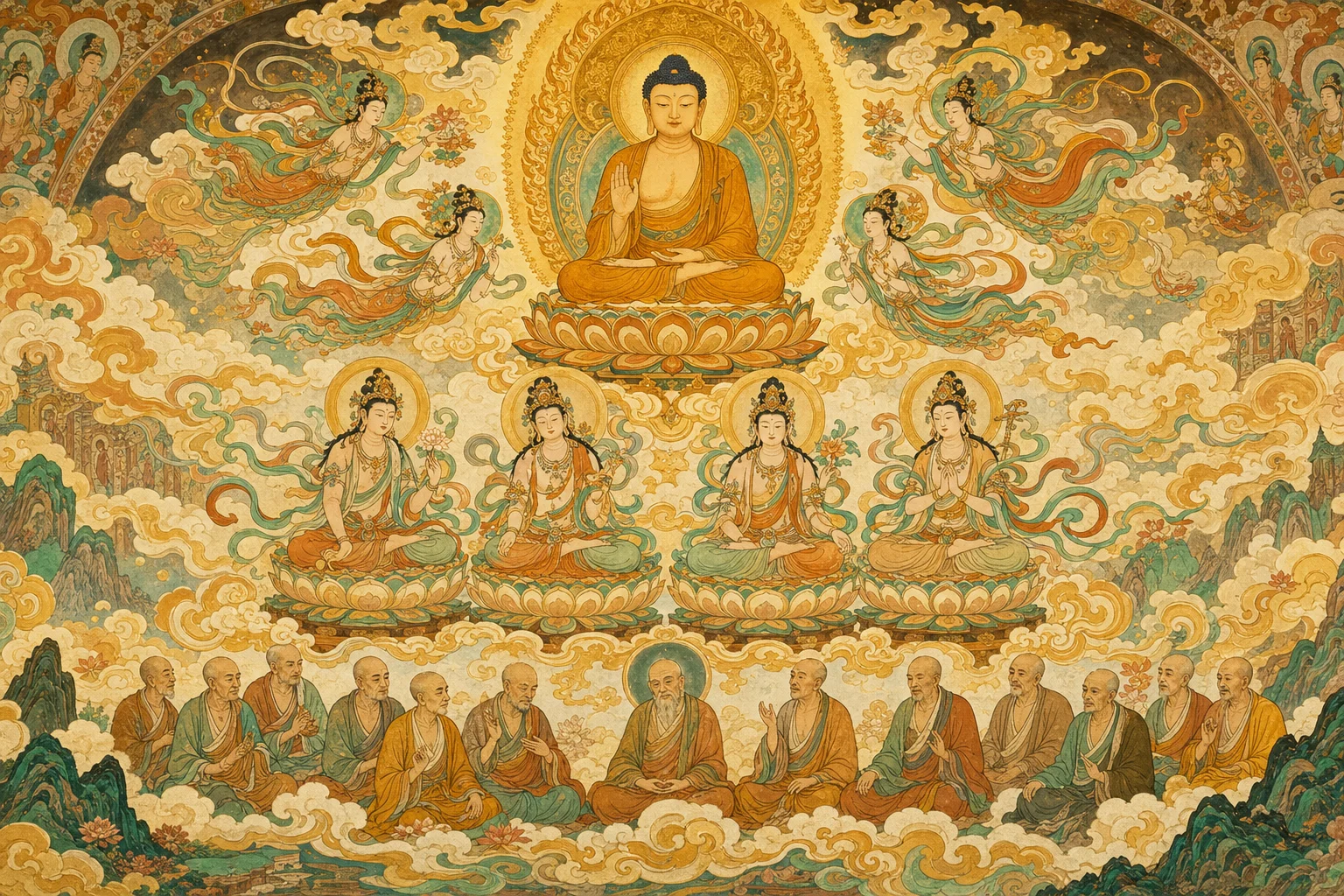 Hierarchy of enlightened beings — Buddhas above, bodhisattvas in the middle, arhats below