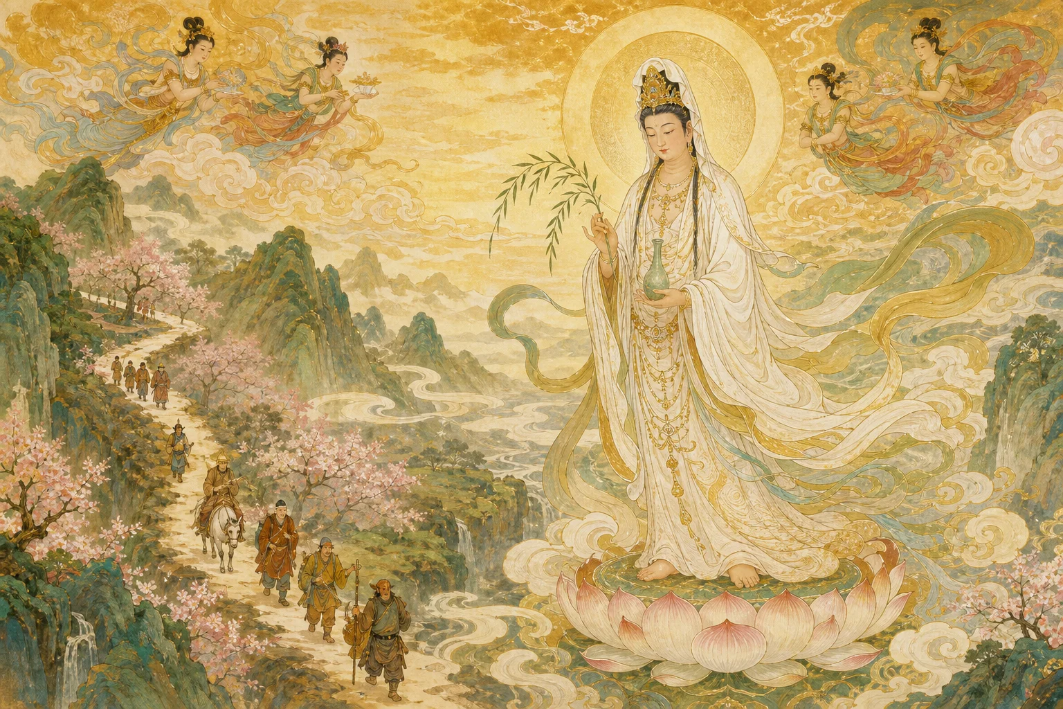 Guanyin the bodhisattva guiding the scripture pilgrimage — compassion and trial in one figure