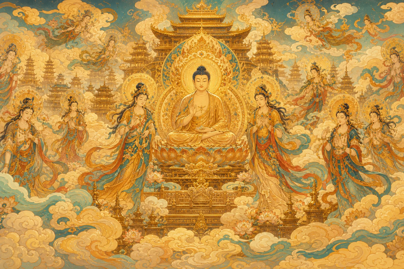 The Western Heaven — Buddhas and bodhisattvas seated among golden clouds and lotus thrones