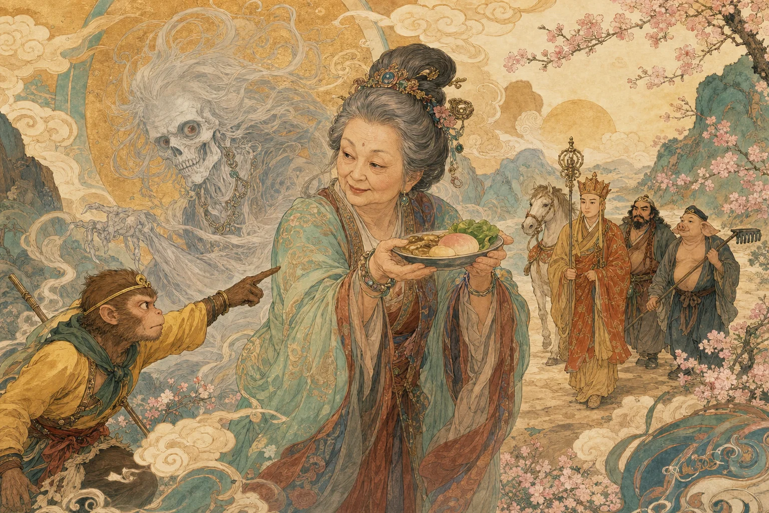 A yaoguai in human disguise approaching the pilgrimage party — the classic trial pattern