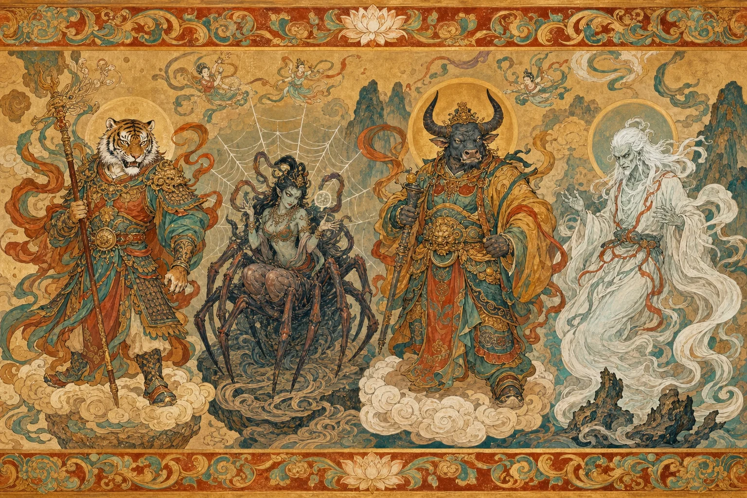 Archetypes of yaoguai — tiger spirit, spider demon, bull king, and ghostly forms