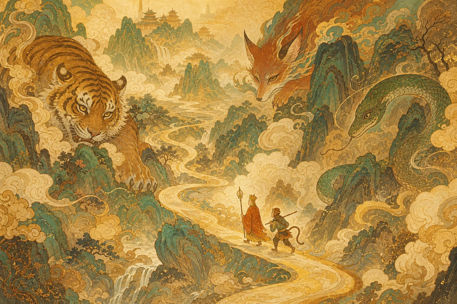 Yaoguai spirits lurking along the pilgrimage road — misty mountains and hidden predators