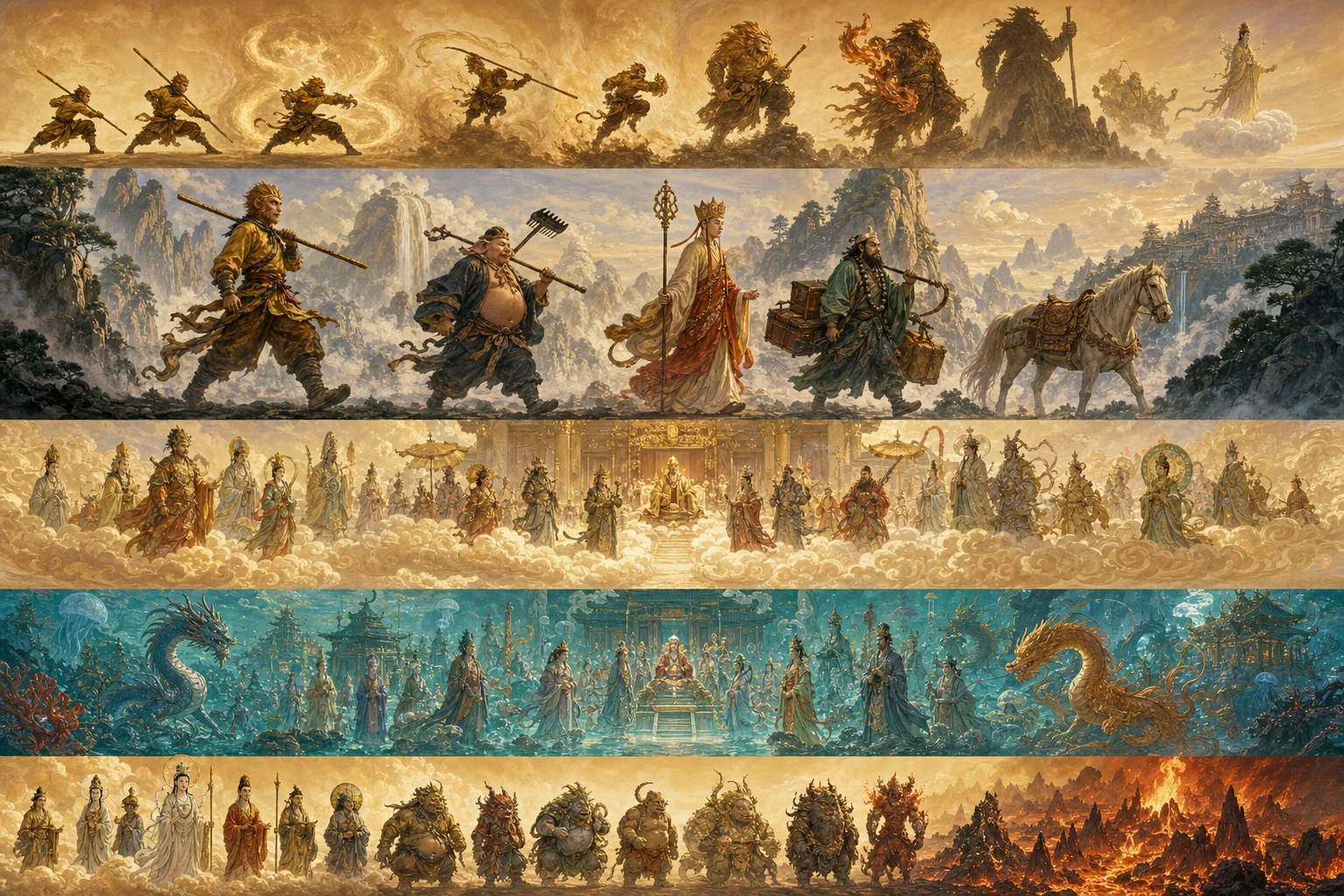 Wide reference panorama — game combat motifs alongside classic pilgrimage and myth landmarks