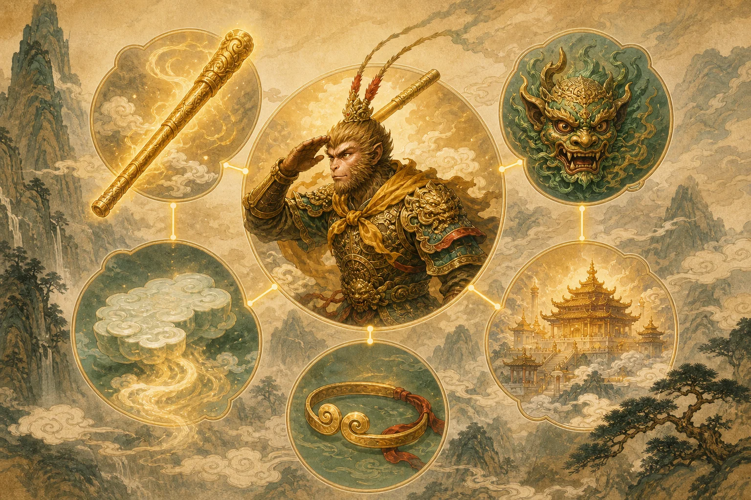 Paired symbols — staff, yaoguai, clouds, and celestial motifs linking game and novel