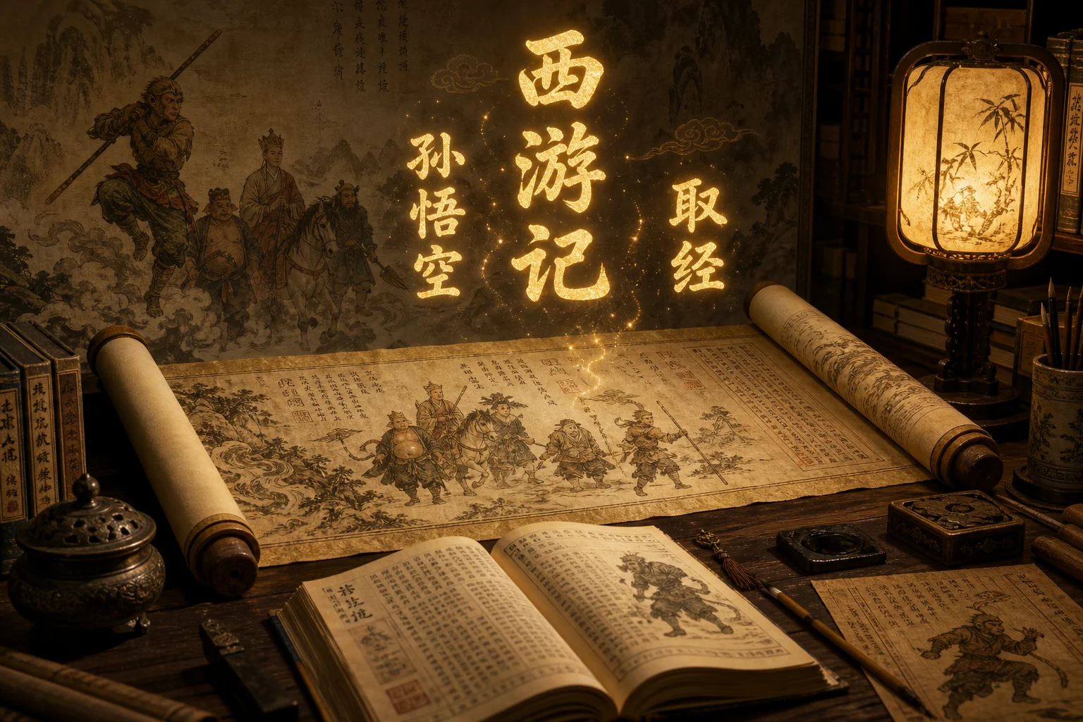 An open reference scroll of Journey to the West names and terms