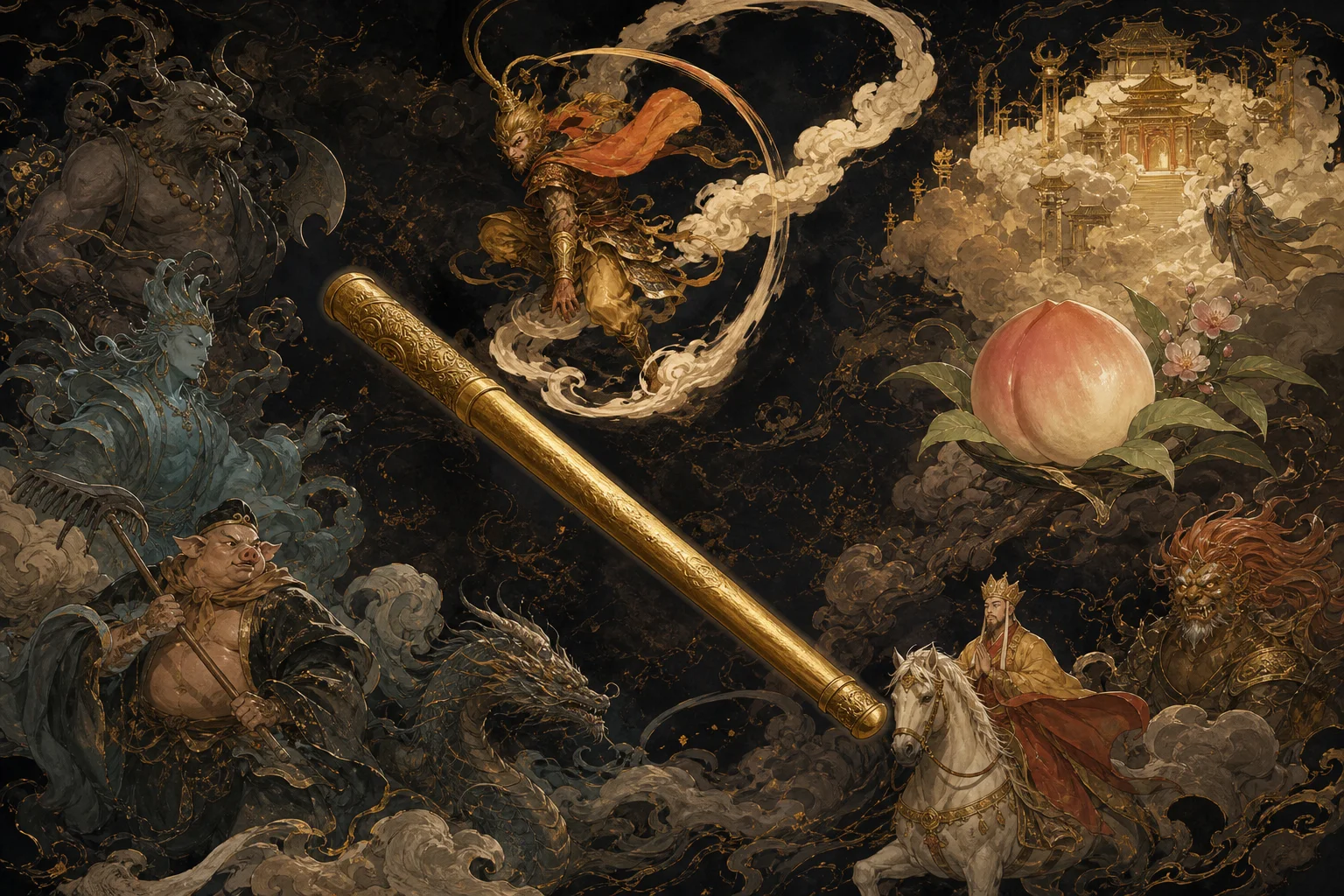 Iconic Journey to the West symbols — golden staff, cloud somersault, yaoguai