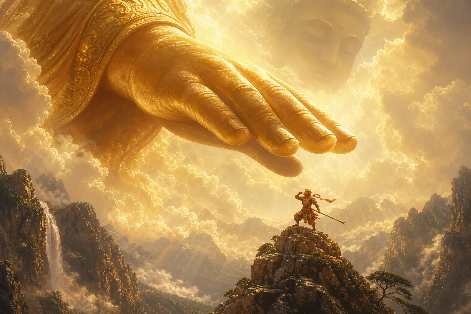 The Buddha's palm descending toward Sun Wukong — the wager that ends Havoc in Heaven