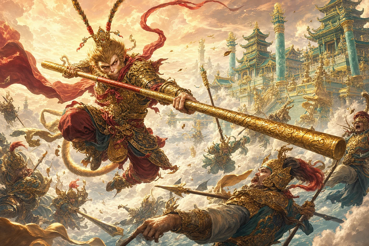 Sun Wukong battles celestial soldiers above the Heavenly Court — the Havoc in Heaven rebellion
