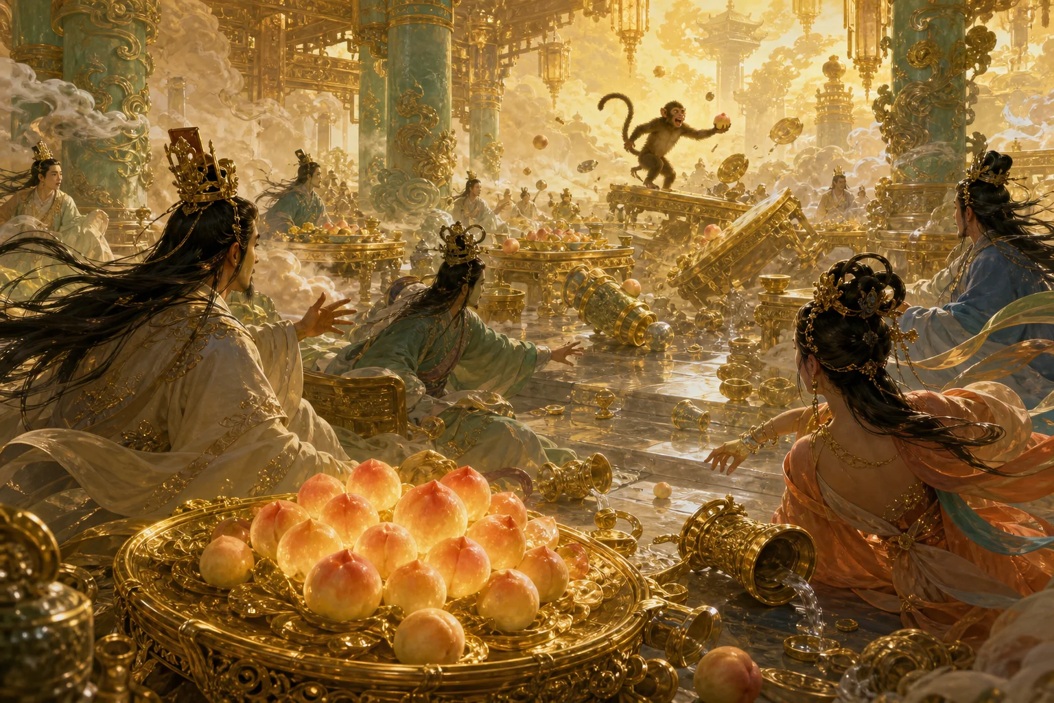 The Peach Banquet of Heaven in chaos — immortal peaches and overturned feast tables