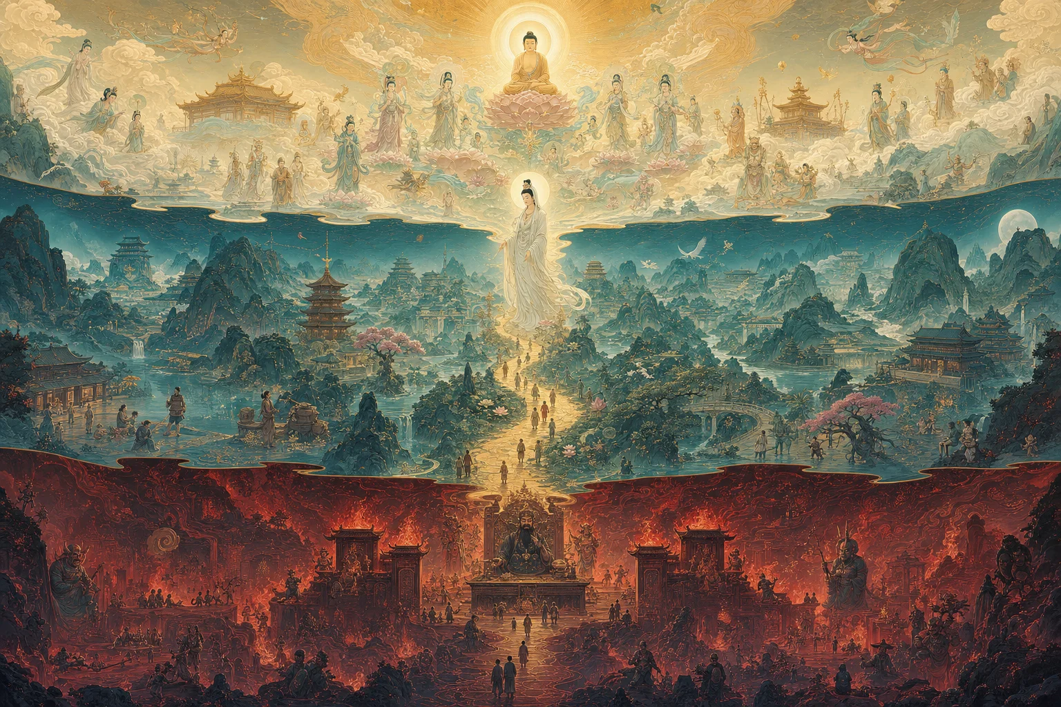 Layers of the Chinese cosmos — Western Heaven, mortal world, and Diyu underworld