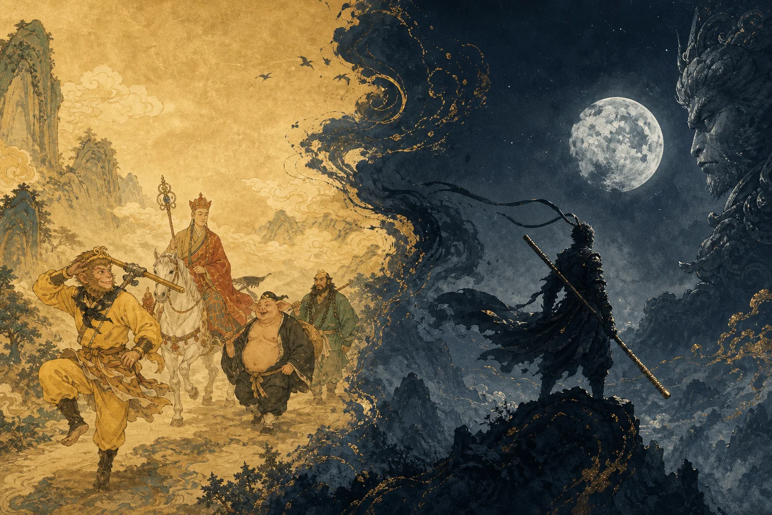 An ancient Journey to the West scroll reimagined as a darker mythic legend