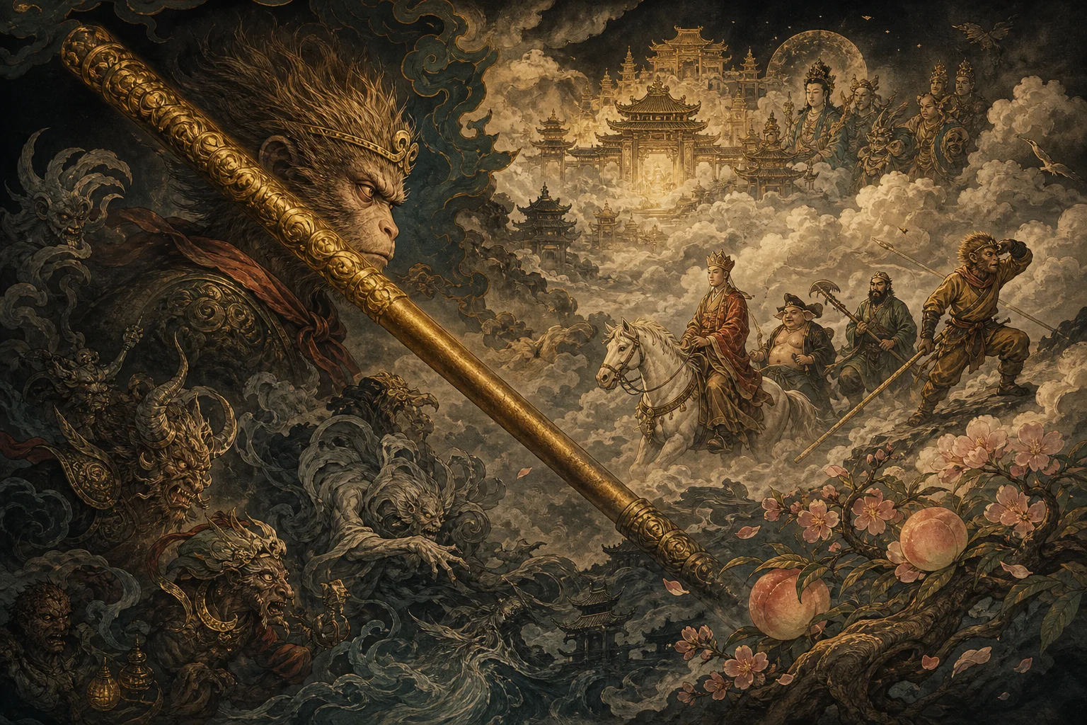 Classic Journey to the West motifs — golden staff, yaoguai spirits, and celestial clouds