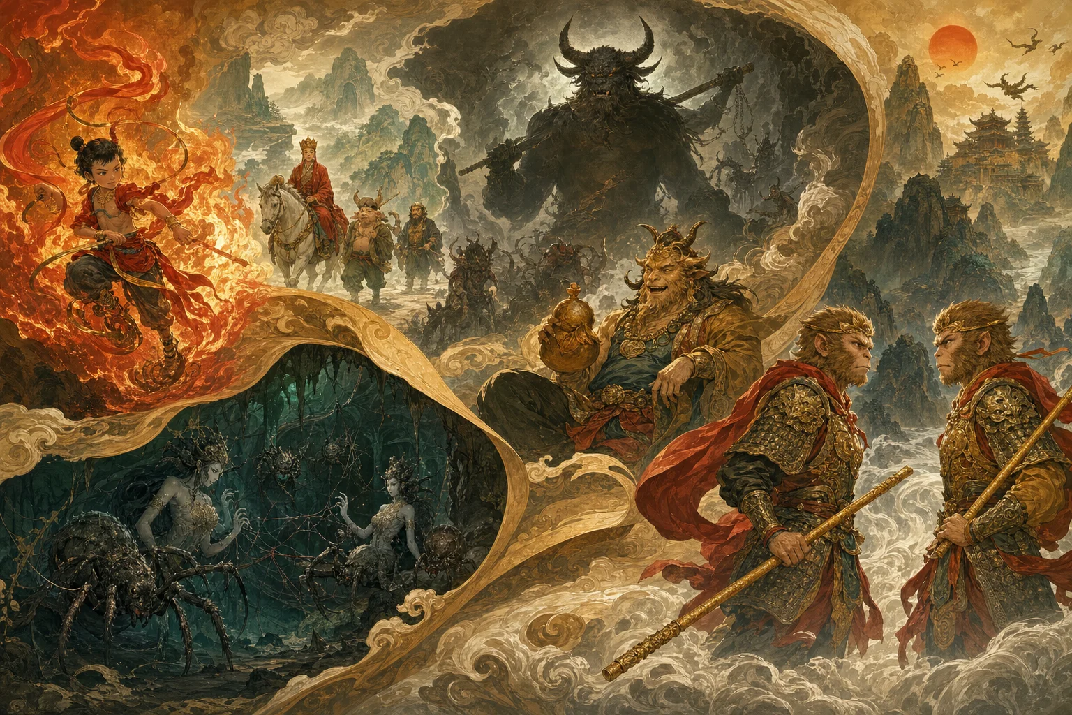 Vignettes of famous pilgrimage trials — flames, spider cave, duplicate monkeys, and demon kings