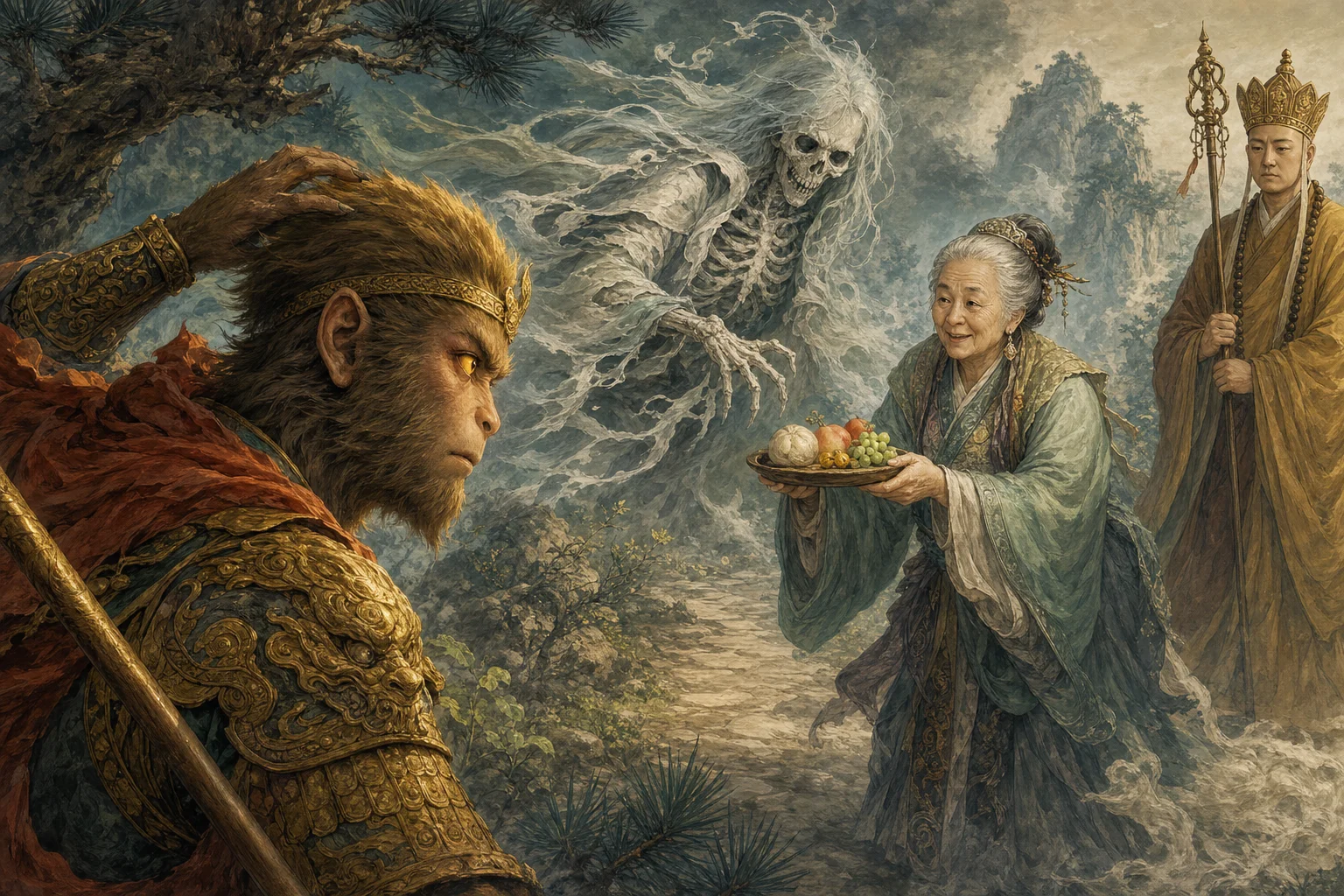 The White Bone Spirit disguised as an old woman — the classic disguise trial on the pilgrimage road