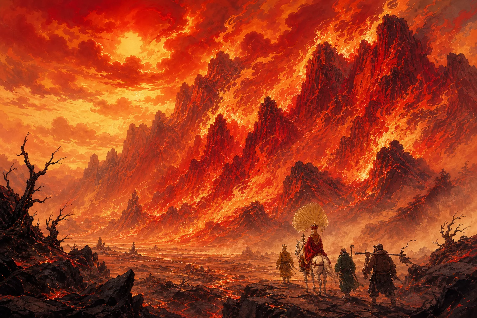 The Flaming Mountains — burning red peaks blocking the pilgrimage road west