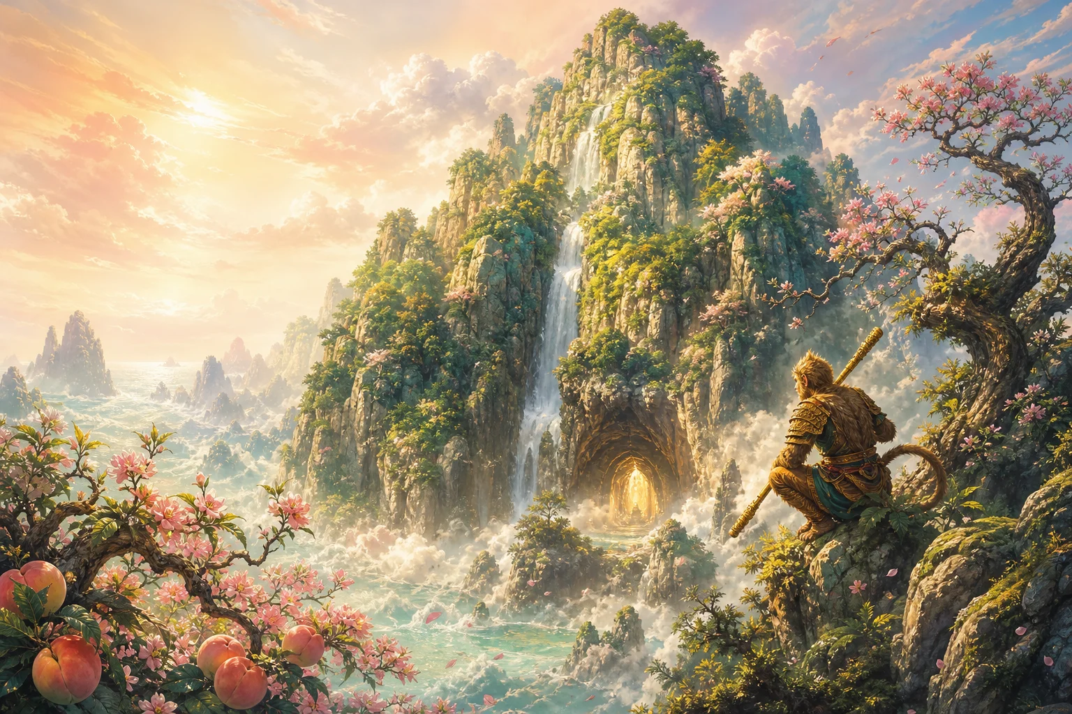 Flower-Fruit Mountain — misty peaks, waterfall, and the birthplace of Sun Wukong