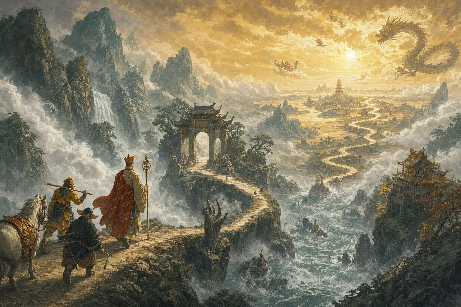 The pilgrimage road west — mountains, rivers, and temple gates along the scripture quest