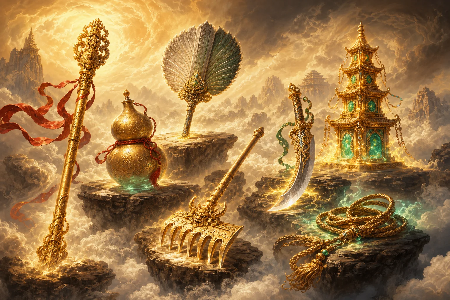 Divine weapons from Journey to the West — staff, fan, gourd, rake, and other fabao