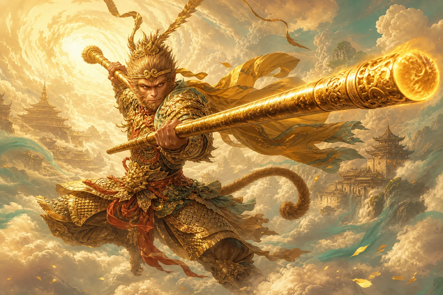 Sun Wukong wielding the Ruyi Jingu Bang — the golden staff at the heart of every Monkey King legend
