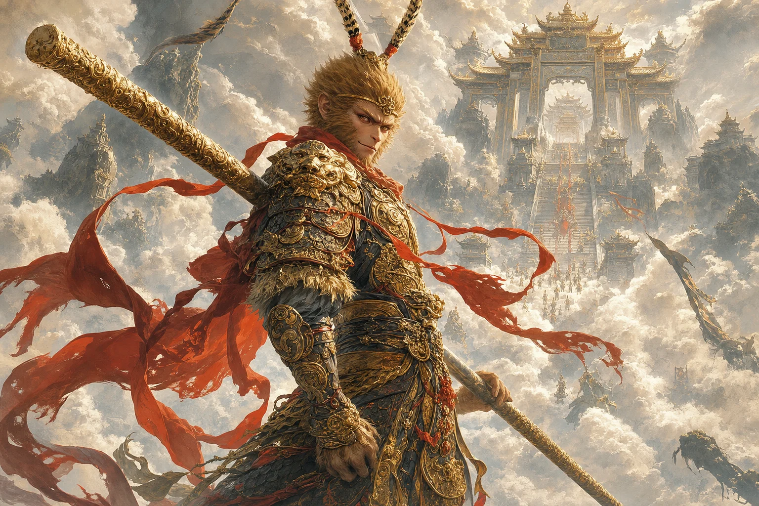 Sun Wukong with the Ruyi Jingu Bang staff — transformations, speed, and defiance