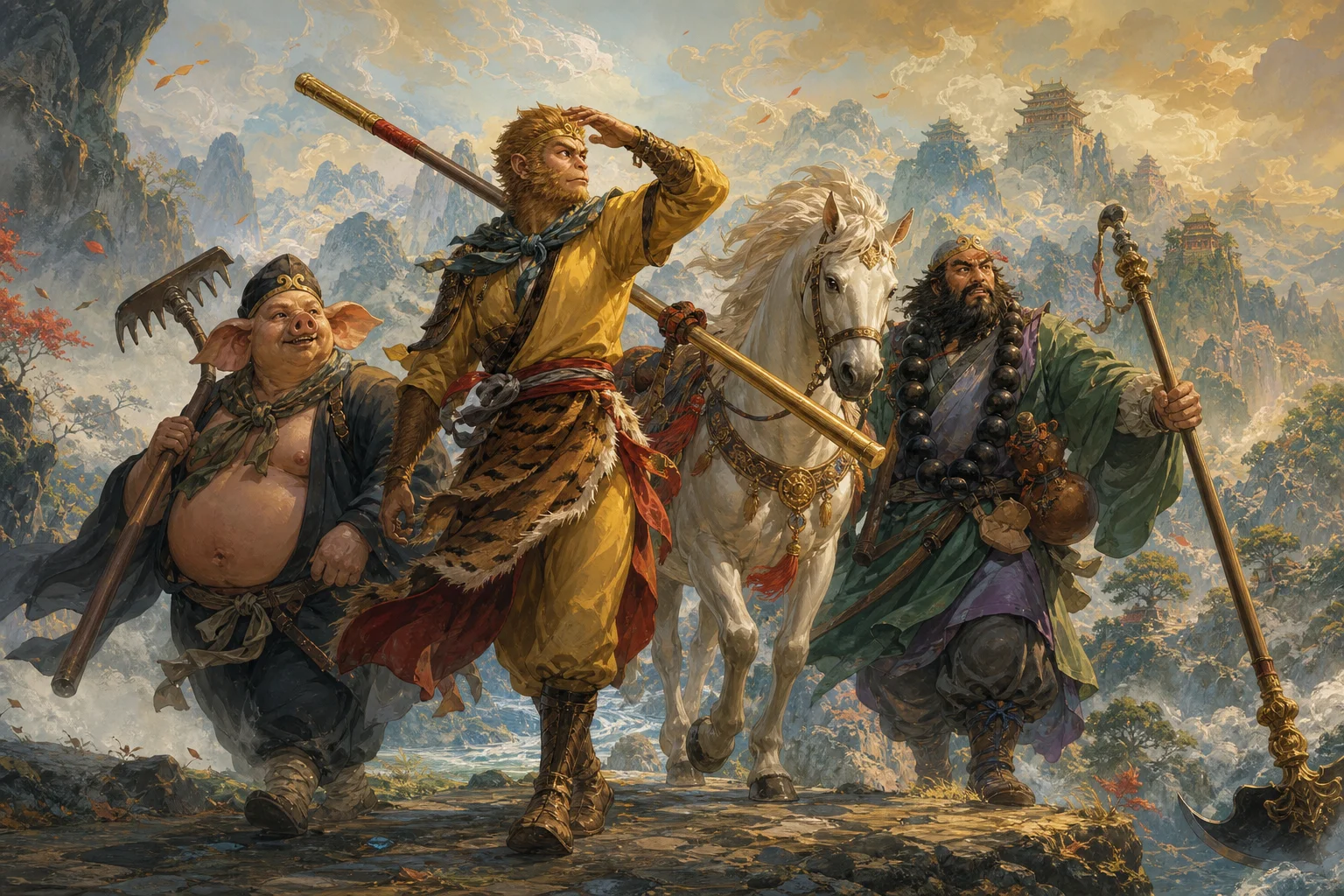 Sun Wukong, Zhu Bajie, Sha Wujing, and the White Dragon Horse — the four companions