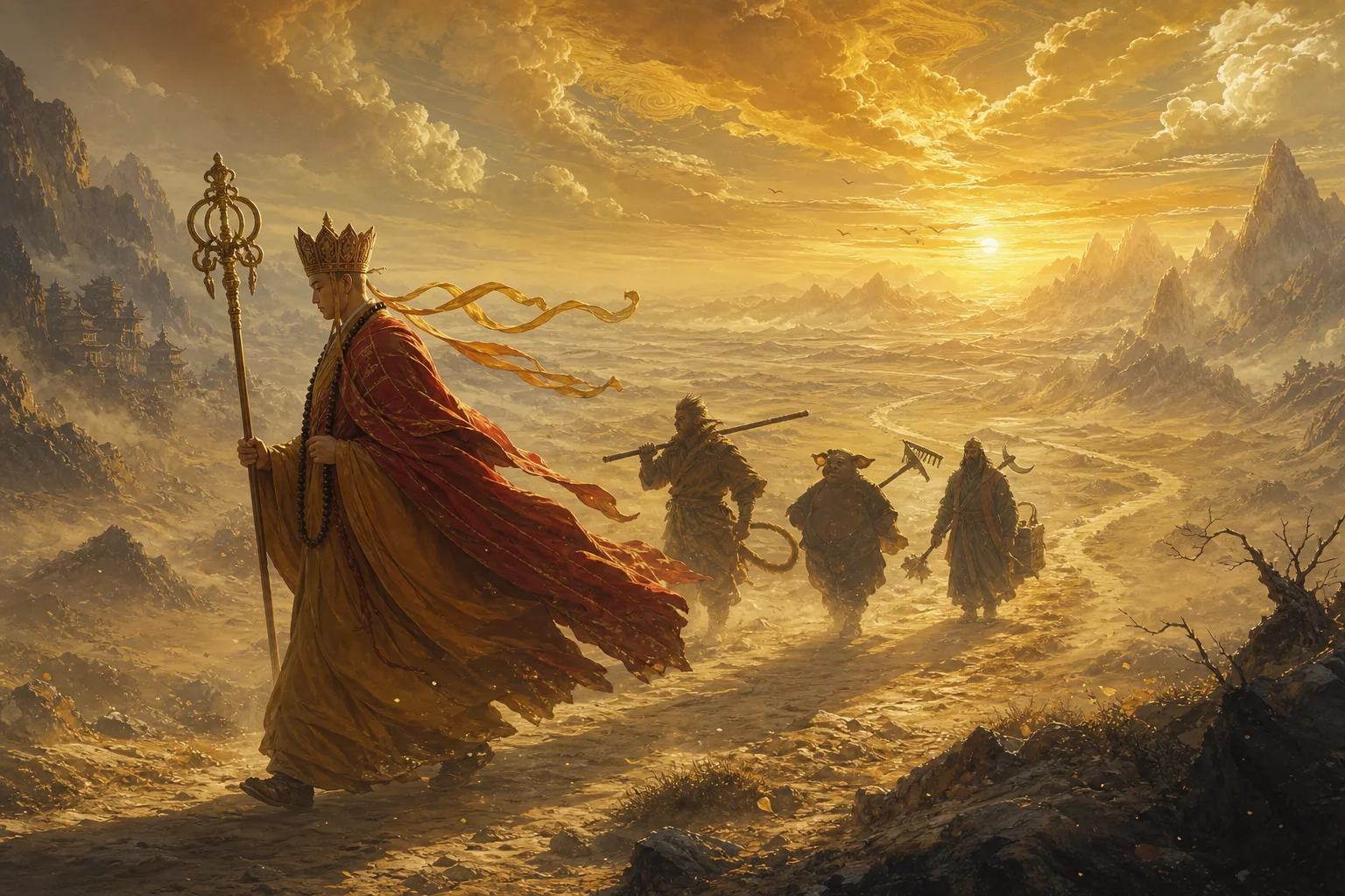 Tang Sanzang and his disciples on the road west — the scripture pilgrimage