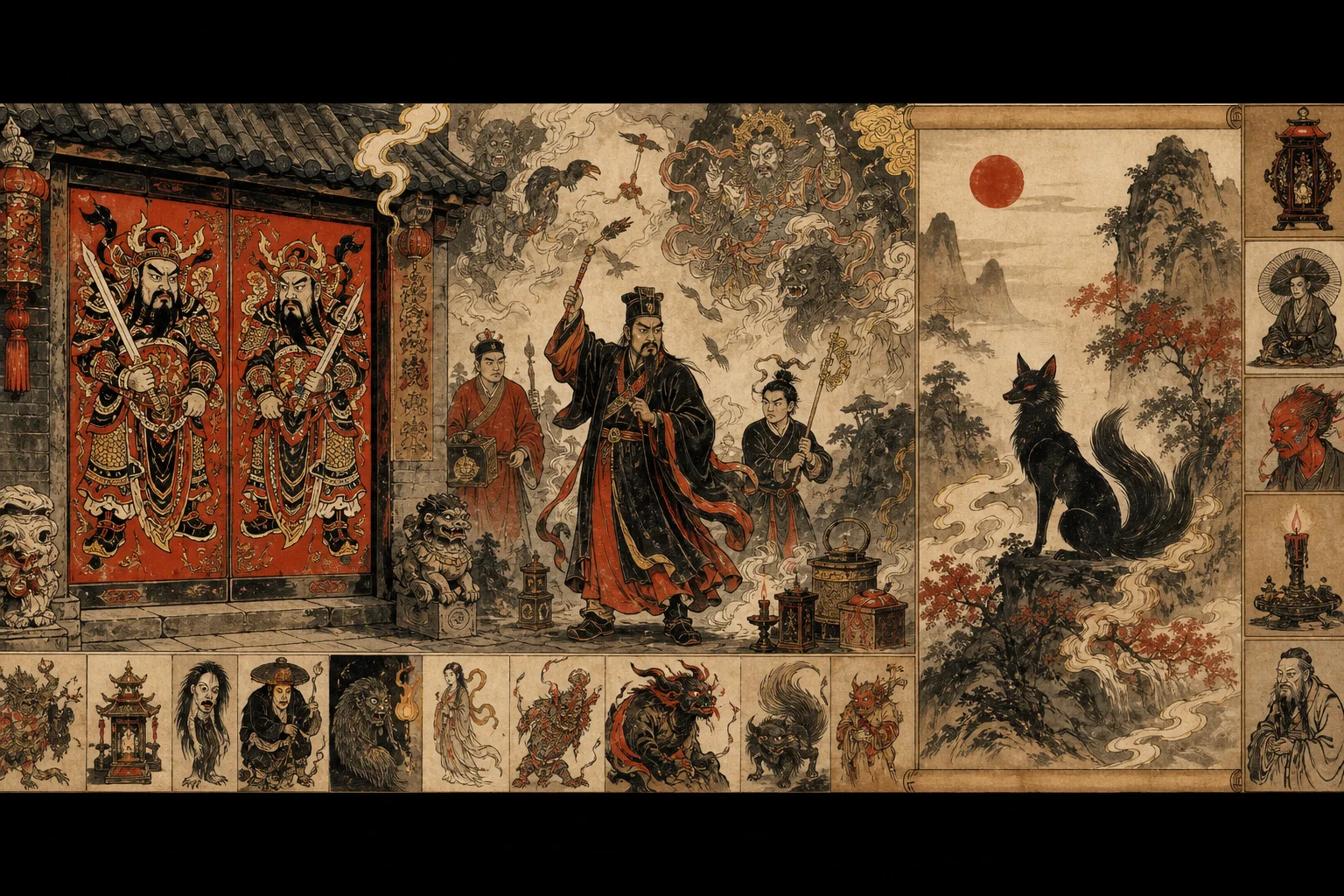 Folk religion terms — door gods, ghost catching, and zhiguai scrolls