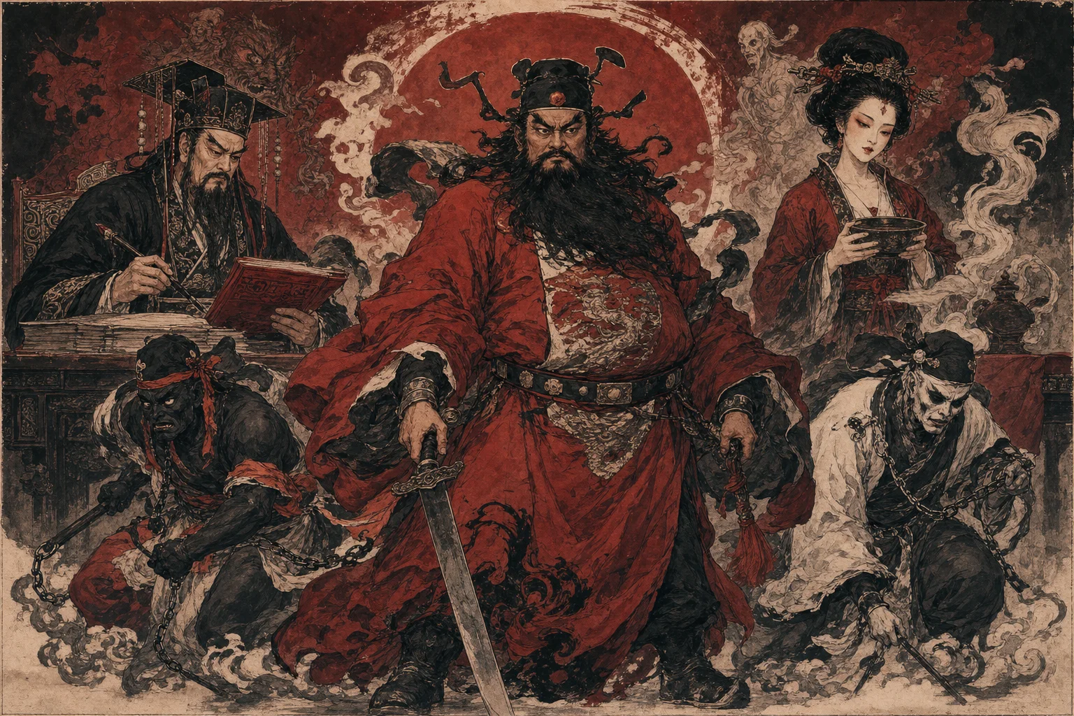 Zhong Kui and underworld officials — core figures in ghost-catching folklore
