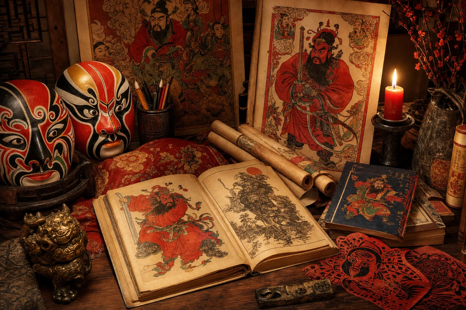 Opera masks, woodblock prints, and open books — paths into Zhong Kui folklore beyond the game
