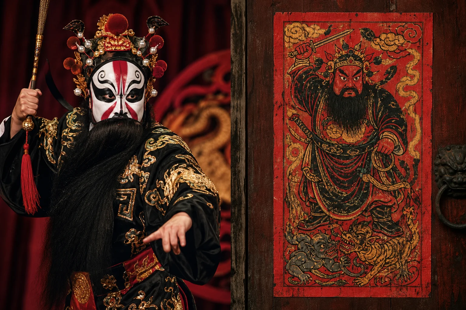Zhong Kui in opera face paint and folk woodblock print tradition