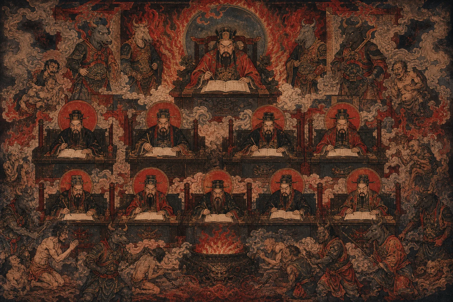 The Ten Courts of Yama — underworld judges reviewing the deeds of the dead
