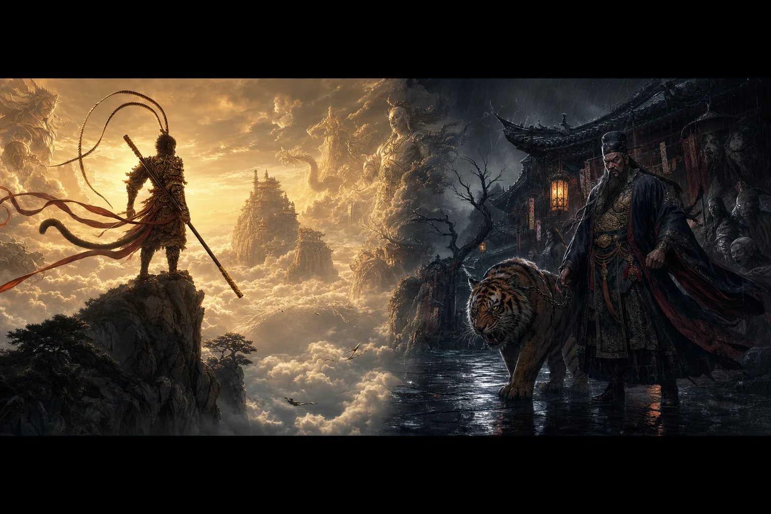 Black Myth series — from Sun Wukong's mythic sky to Zhong Kui's rain-soaked exorcist path