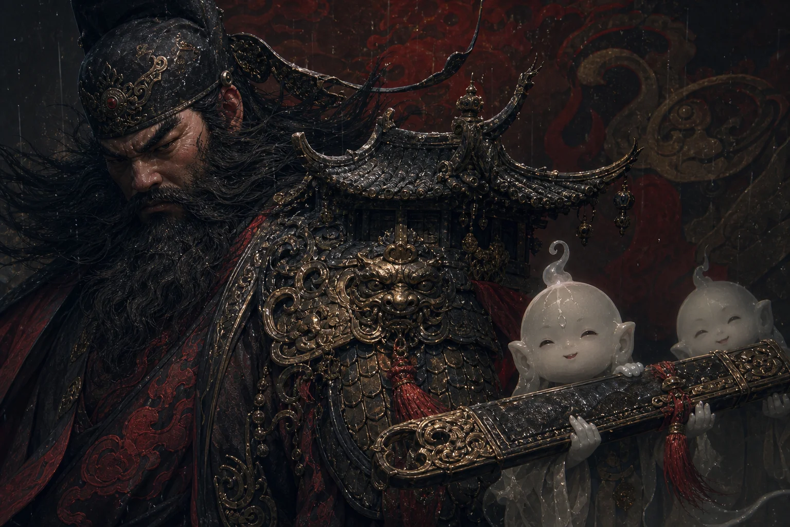 Teaser motifs — attendant ghosts, demon sword, and Tang-style armor details