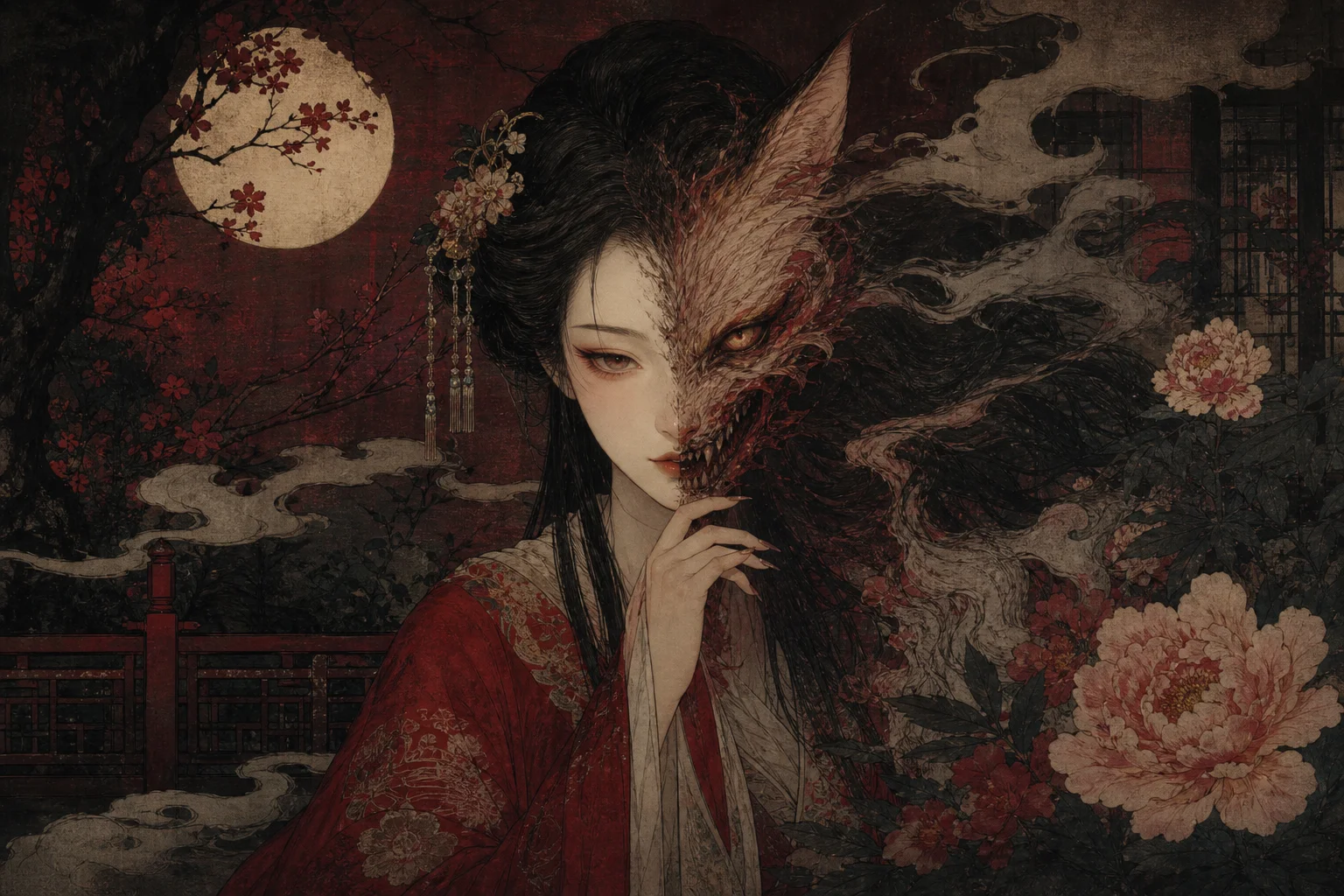 A fox spirit in classical zhiguai illustration — beauty hiding uncanny danger