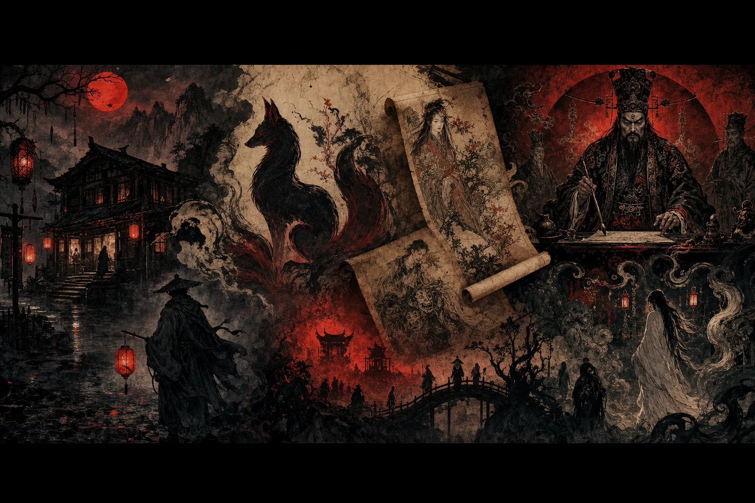 A montage of zhiguai motifs — haunted inns, scrolls, fox spirits, and underworld judges