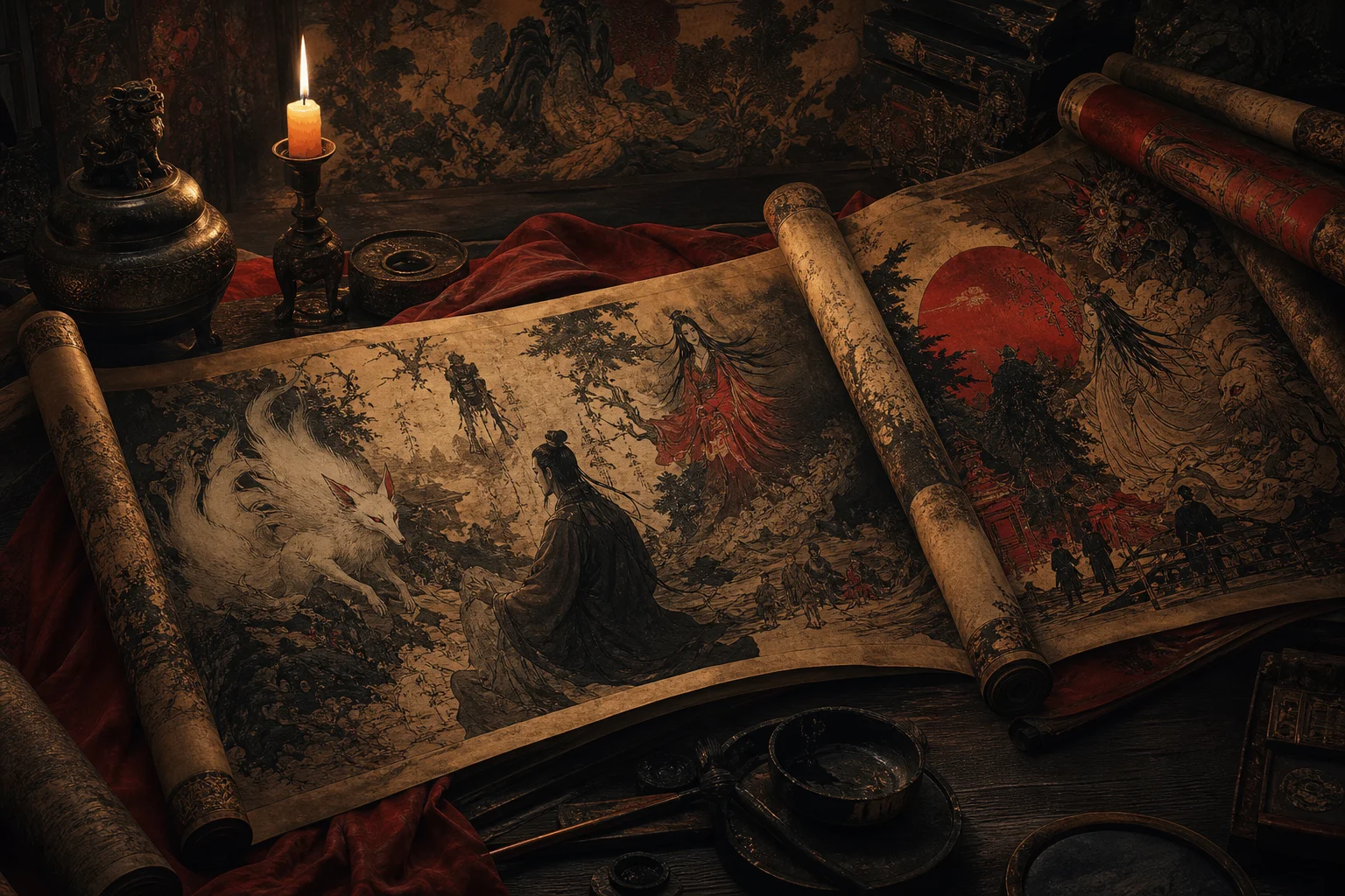 Ancient zhiguai scrolls — records of fox spirits, ghosts, and uncanny encounters