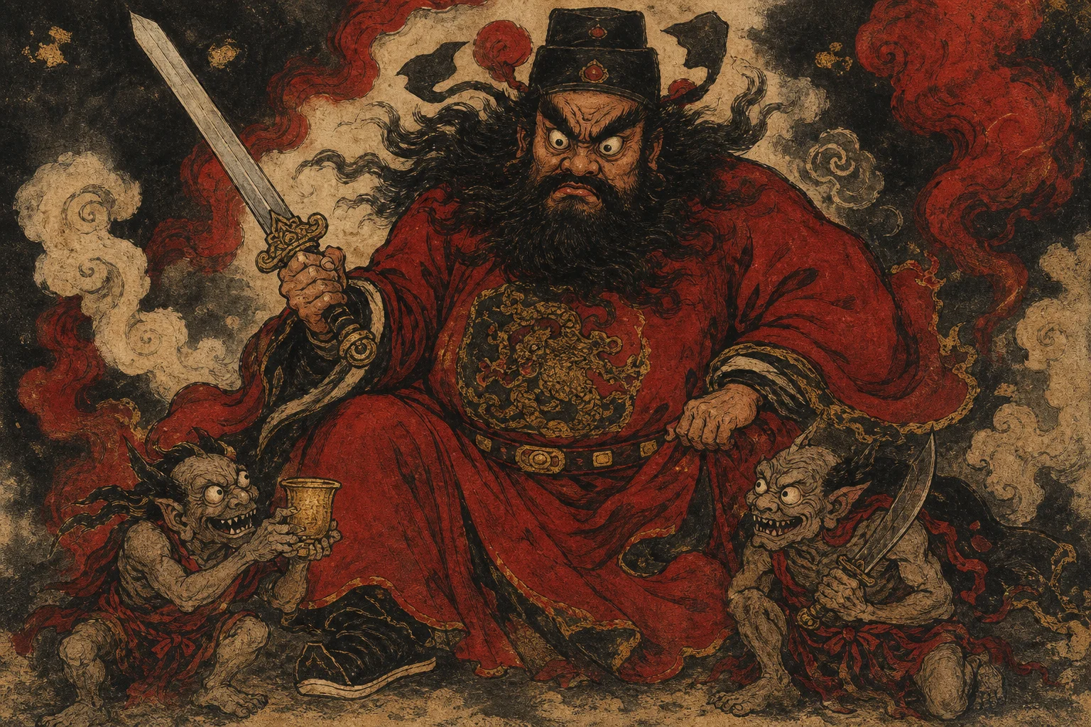 Classic Zhong Kui iconography — wild beard, official hat, demon-slaying sword, and attendant ghosts