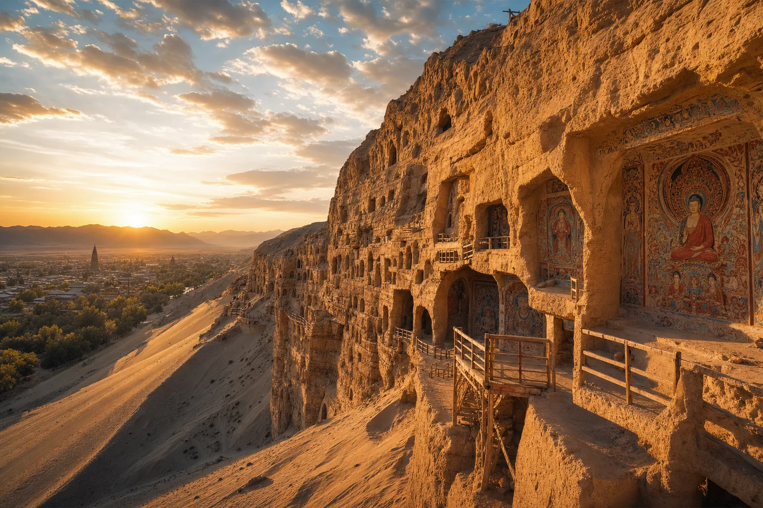 The Mogao Caves cliff face near Dunhuang — hundreds of Buddhist grottoes on the Silk Road
