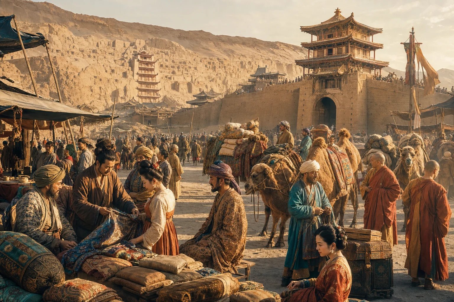Multicultural Silk Road marketplace at Tang dynasty Dunhuang