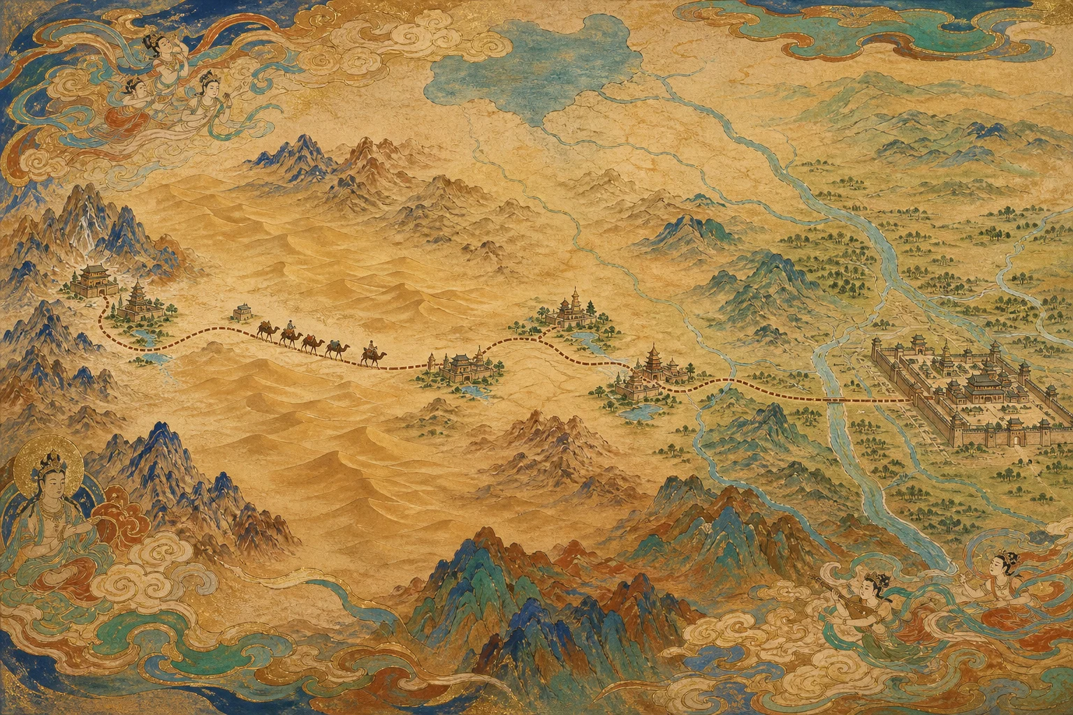 Map of Hexi Corridor places — Dunhuang, Chang'an, and Silk Road oasis cities