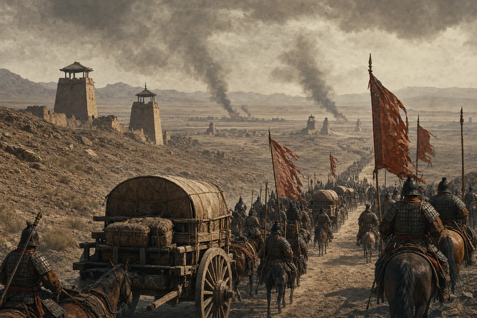 Tang armies withdrawing east during the An Lushan Rebellion, leaving the Hexi frontier exposed