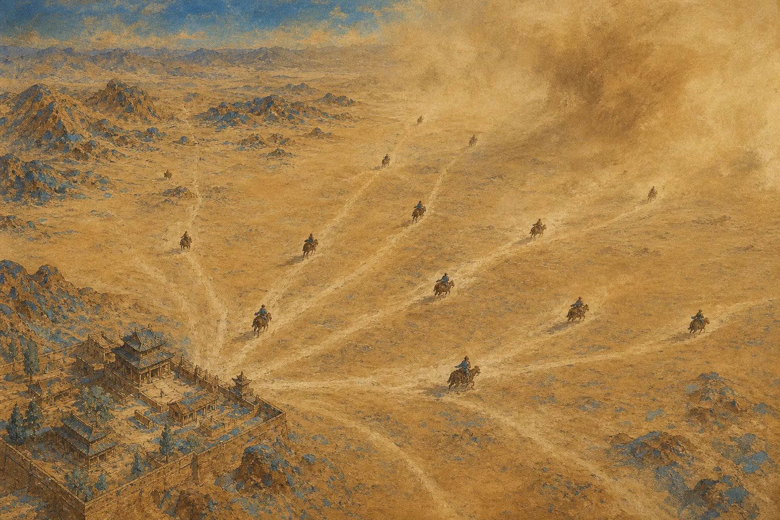 Historical concept — ten messenger teams splitting east from Dunhuang on separate desert paths