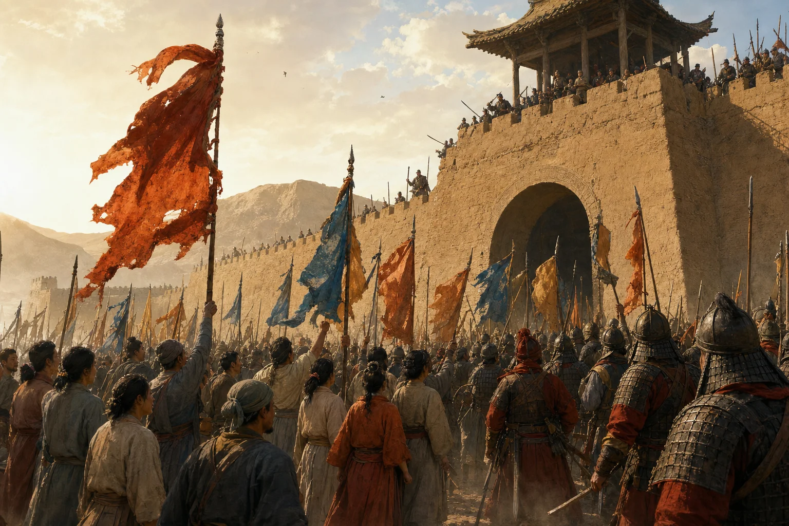 The 848 Shazhou uprising — local militia and civilians at the city gate
