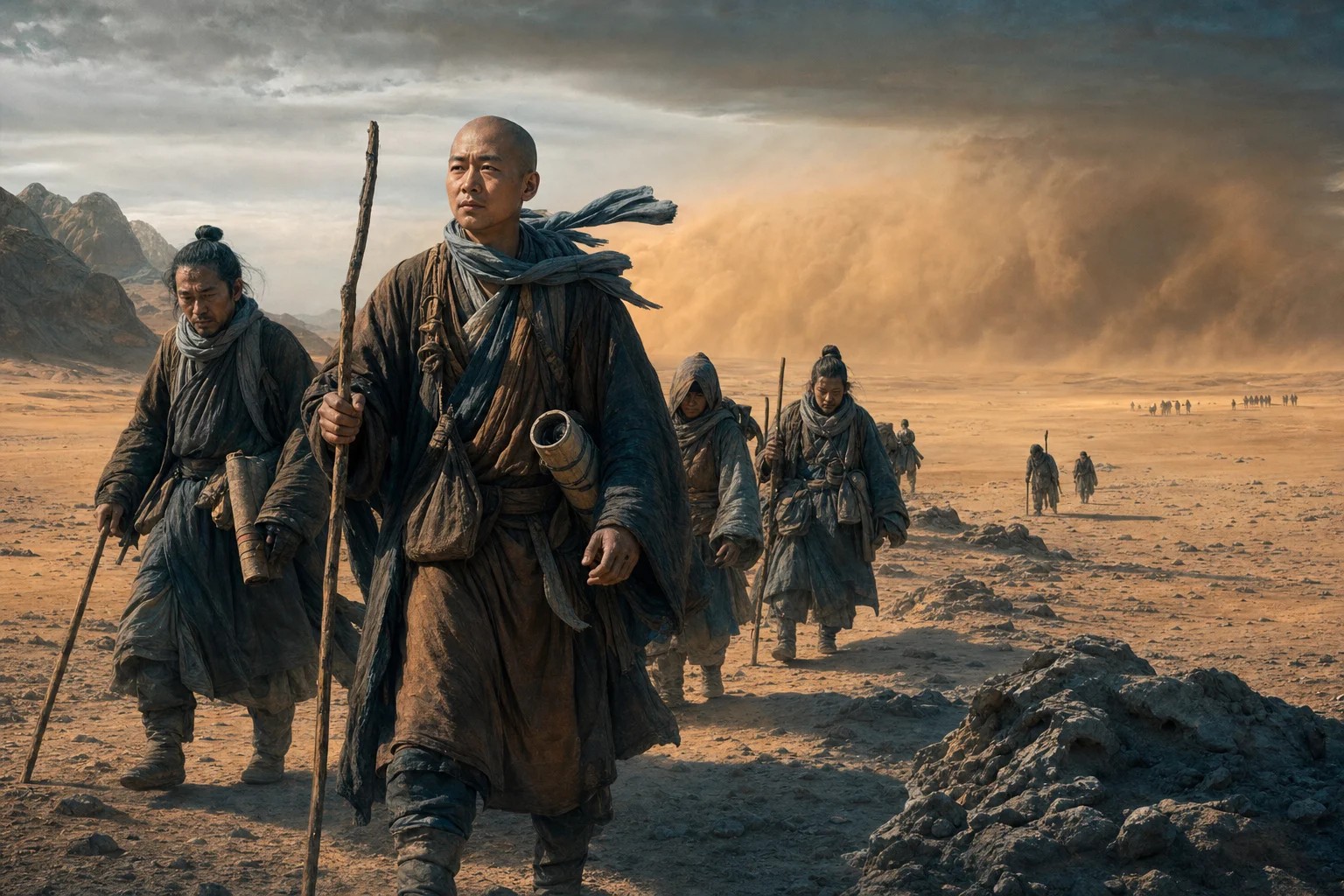 Tang dynasty monk couriers crossing the Gobi desert eastward