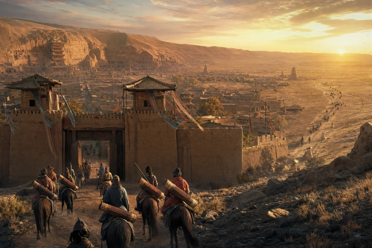 848 AD Dunhuang — messengers depart Shazhou eastward across the Gobi toward Chang'an