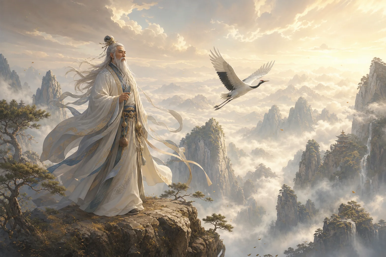 Taoist immortal on a misty mountain peak — adepts and guardian spirits in Chinese tradition