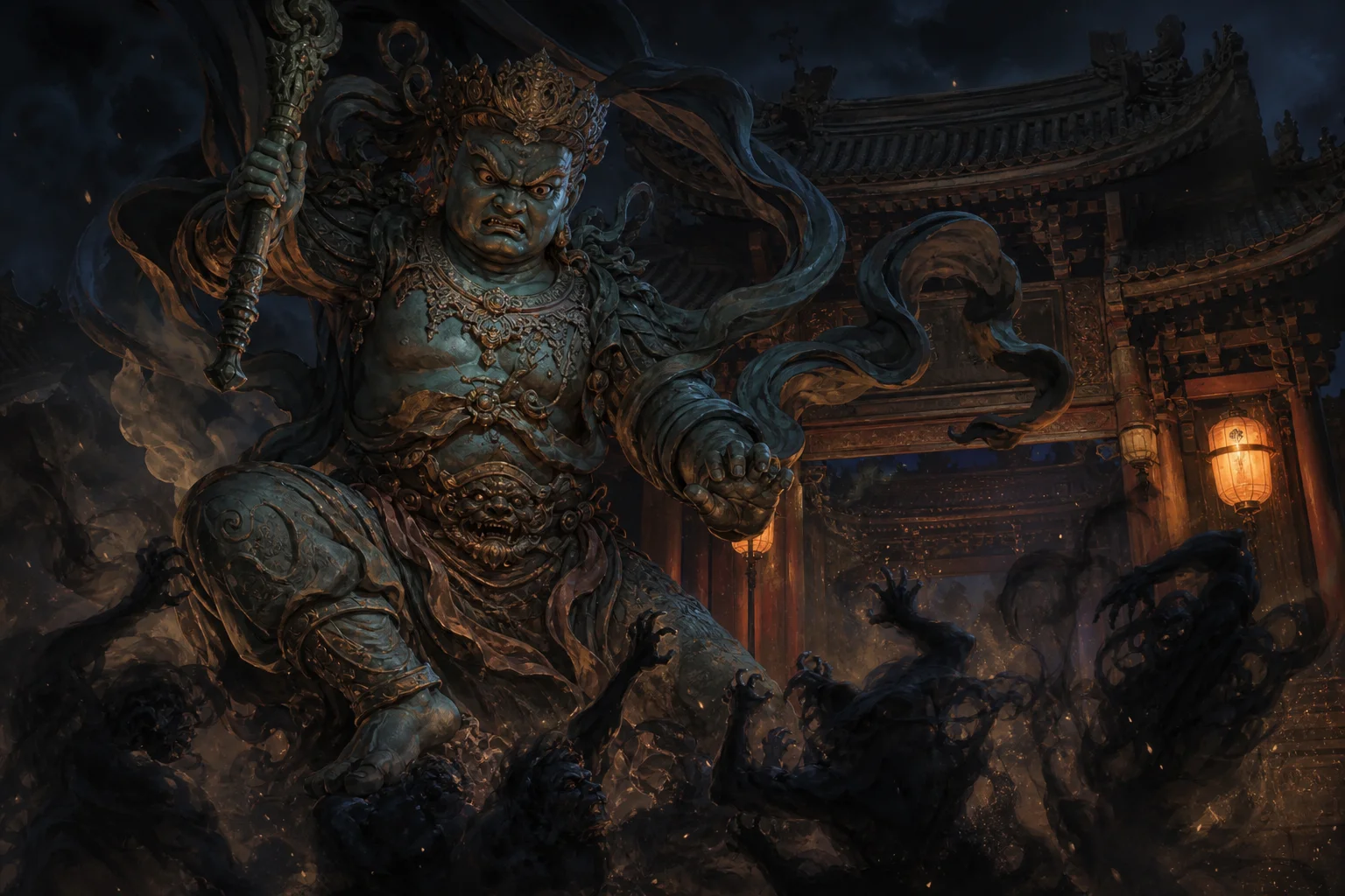 Wrathful guardian spirit at a temple gate — the yaksha tradition of subduing evil
