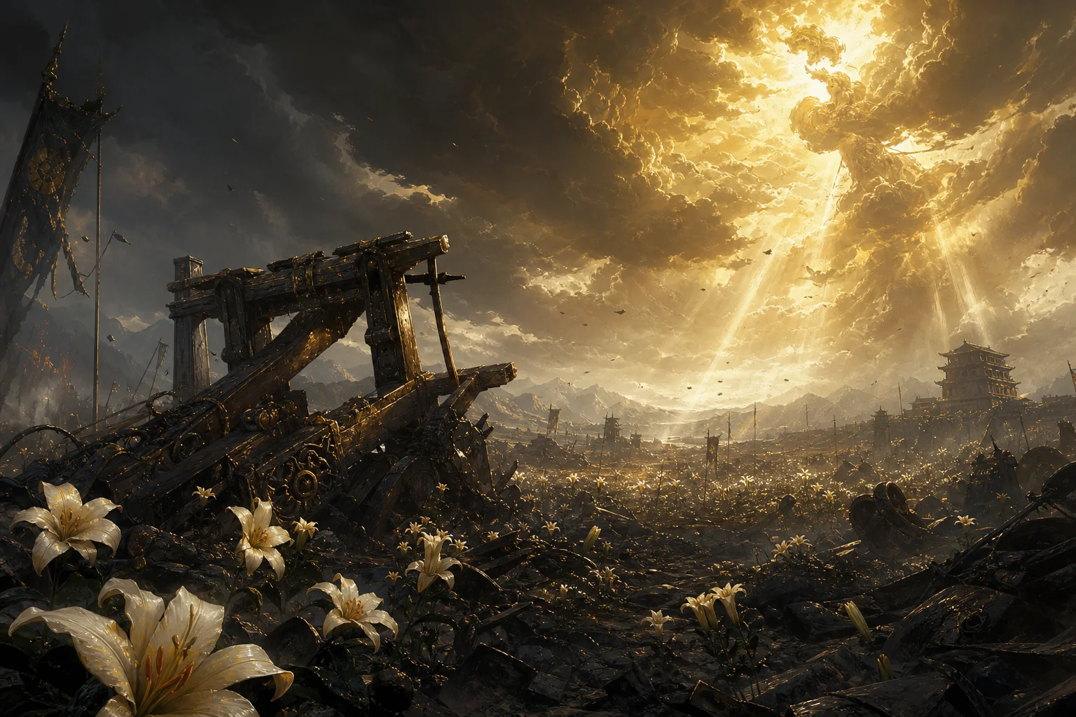 Ruined Guili Plains battlefield with broken ballista, glaze lilies, and distant clash of divine powers over Liyue
