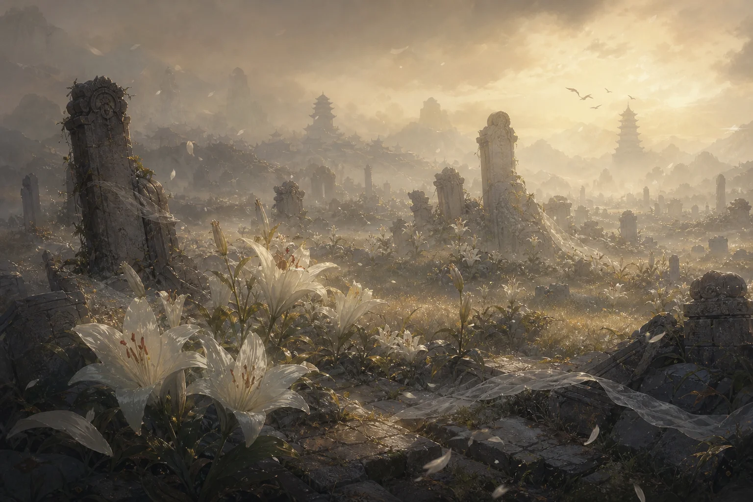 Glaze lilies among ancient ruins on Guili Plains — memory of the God of Dust