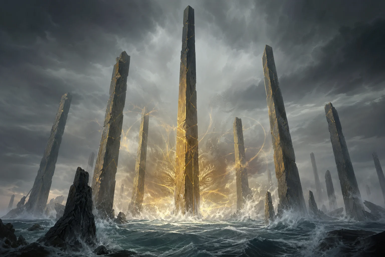 Stone pillars rising from the sea at Guyun — spears that seal a defeated ocean god